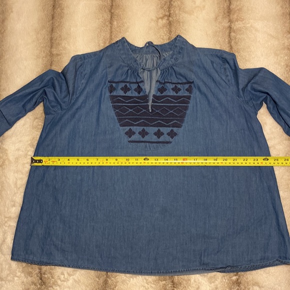 Blue Anthro Denim Chambray Embroidered Swing Tassel Blouse - Picture 12 of 13